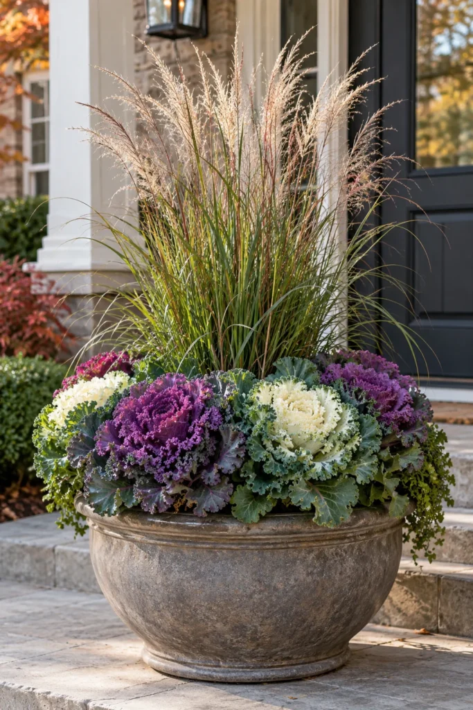 Ornamental kale bordering a fall planter pot