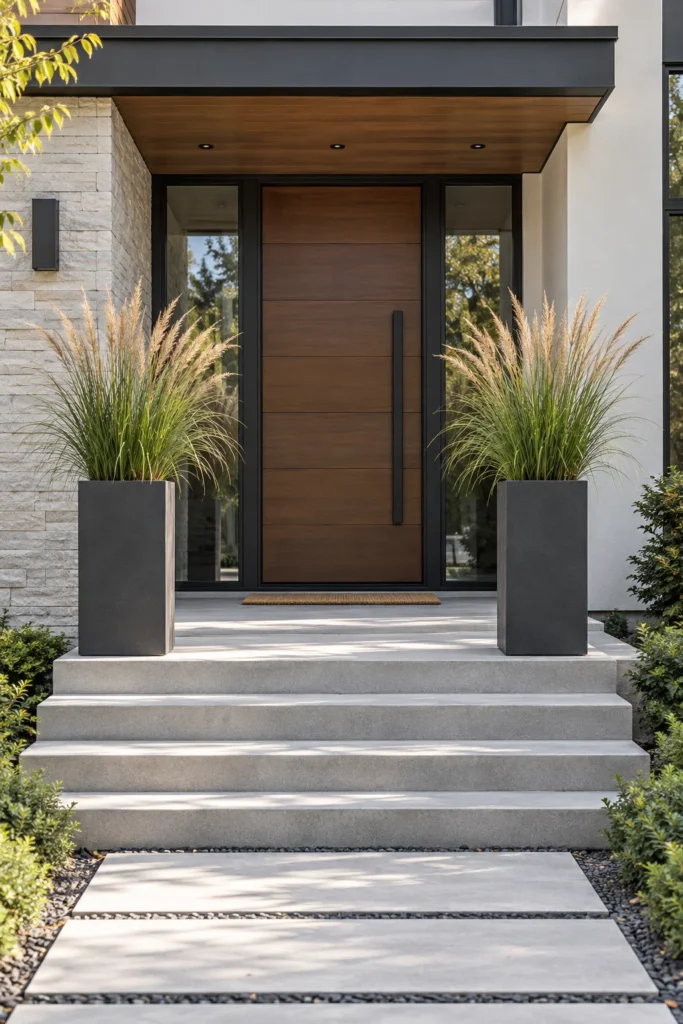 Matching pillar planters filled with ornamental grass by front steps