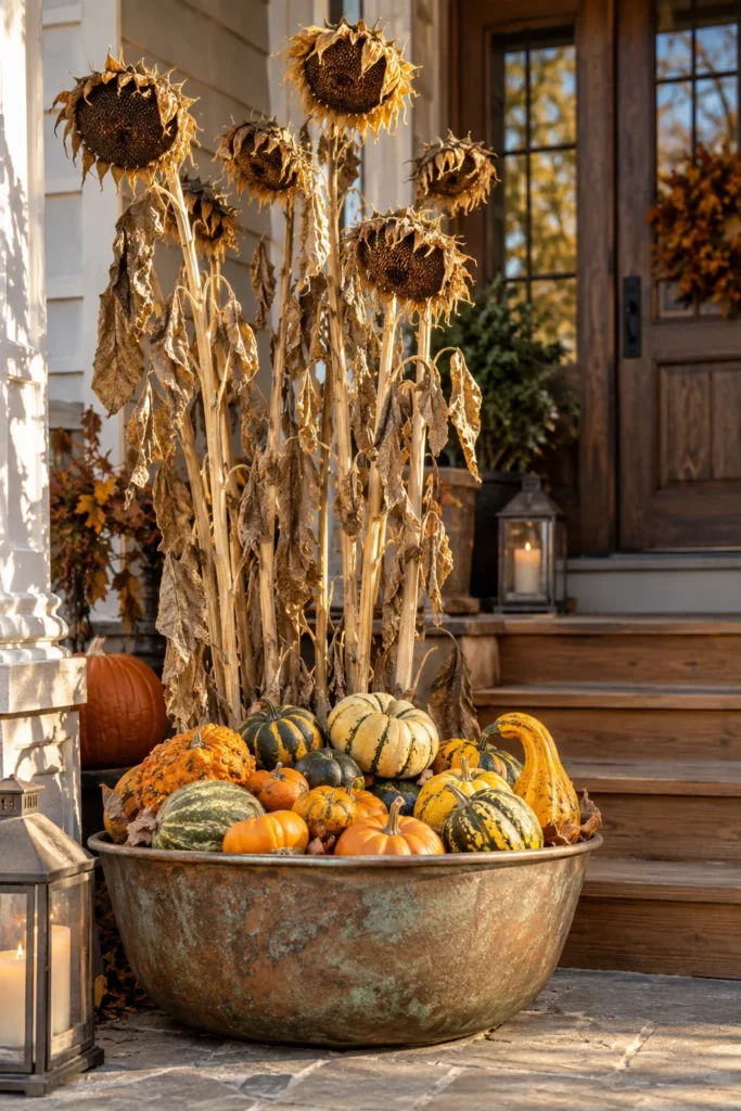 Sunflower stalks and small gourds in a fall display