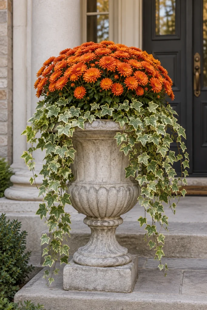 Tall urn planter with cascading ivy and fall mums