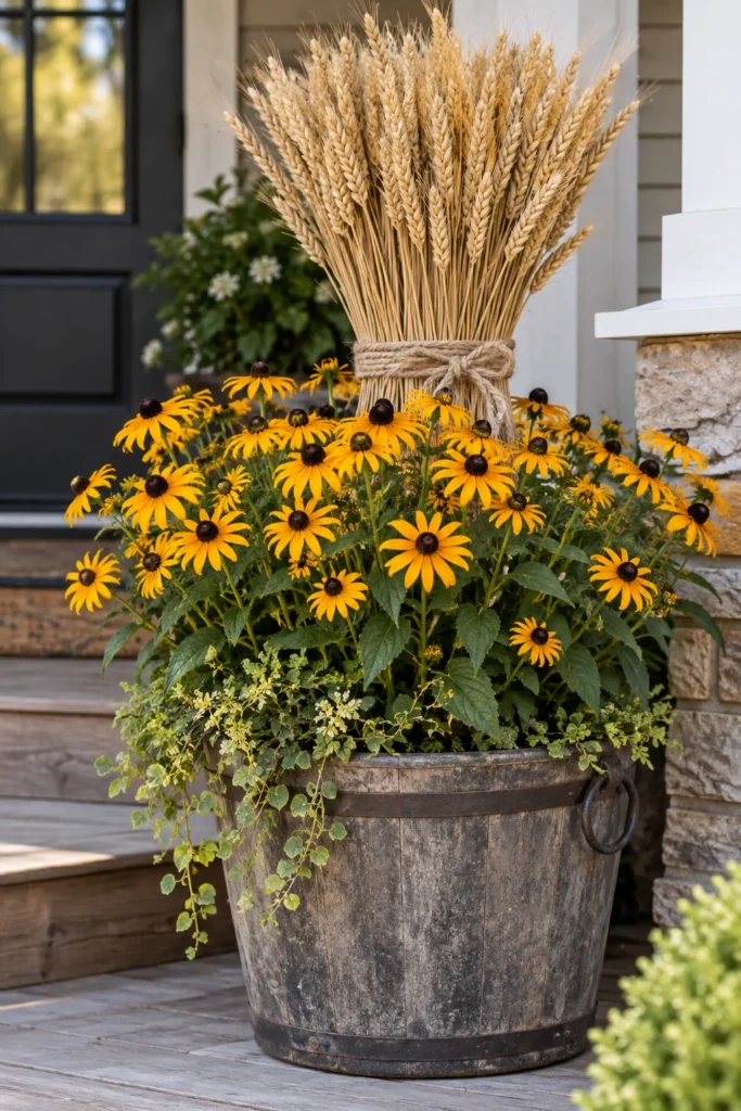 Wheat bundle and black eyed Susan flowers in a fall planter