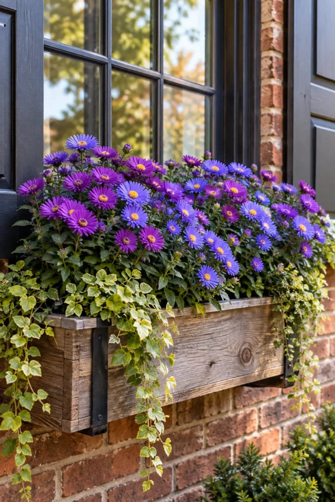 Deep purple aster blooms in an autumn window box display