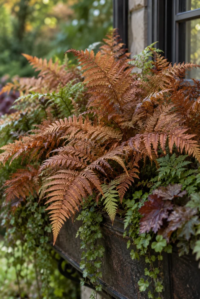 Coppery autumn fern fronds in a shaded window box
