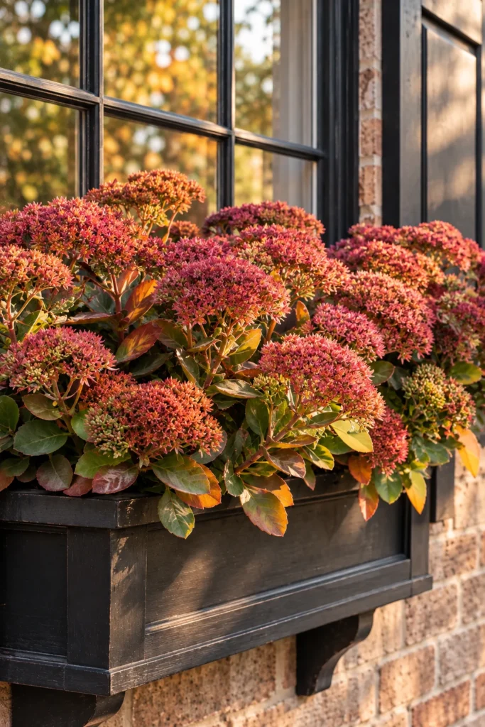 Rust-pink autumn sedum blooms in a low-maintenance window box