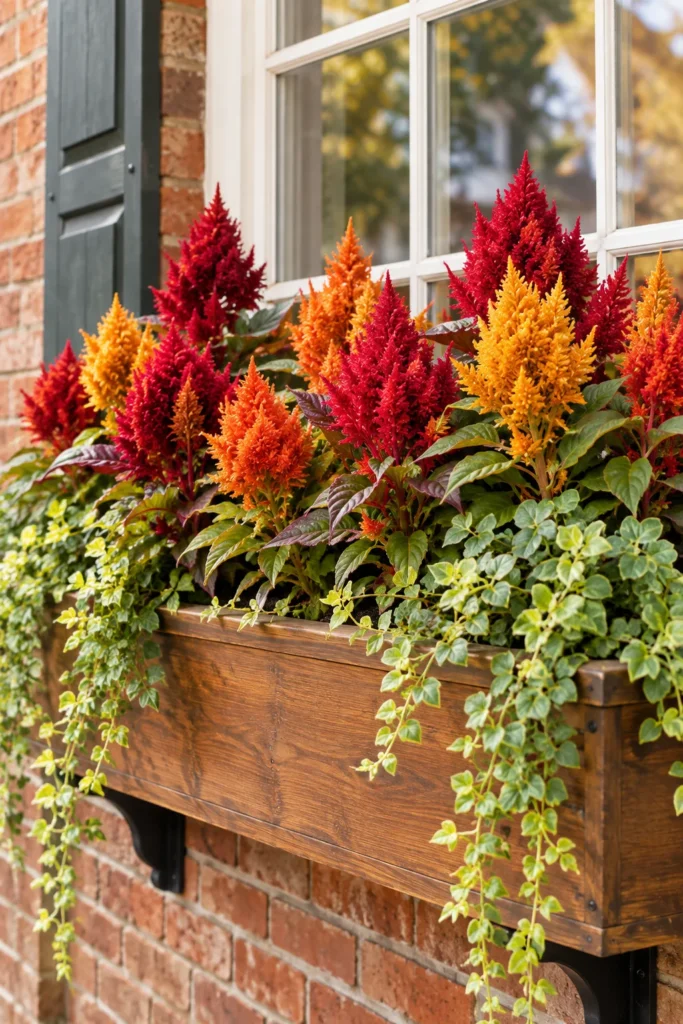 Velvety red celosia plumes in a fall window box arrangement
