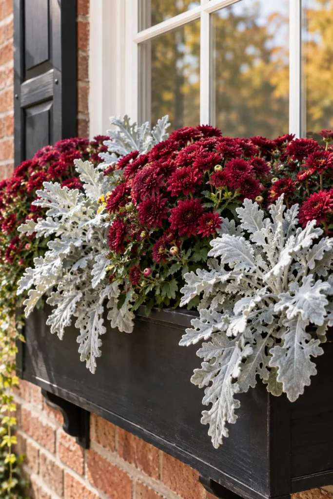 Silvery dusty miller foliage against burgundy mums