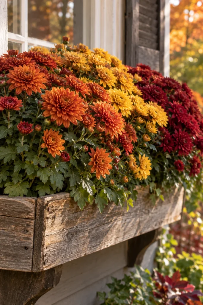 Rust and gold garden mums planted in a wooden Fall Window Box Flowers 