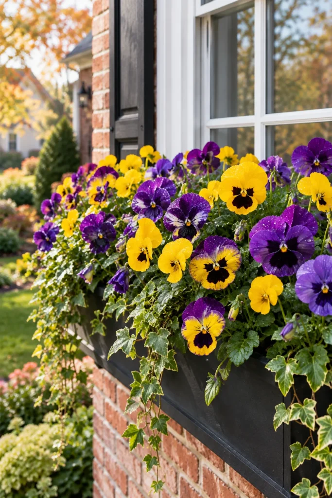 Purple and yellow pansies filling a fall window box planter