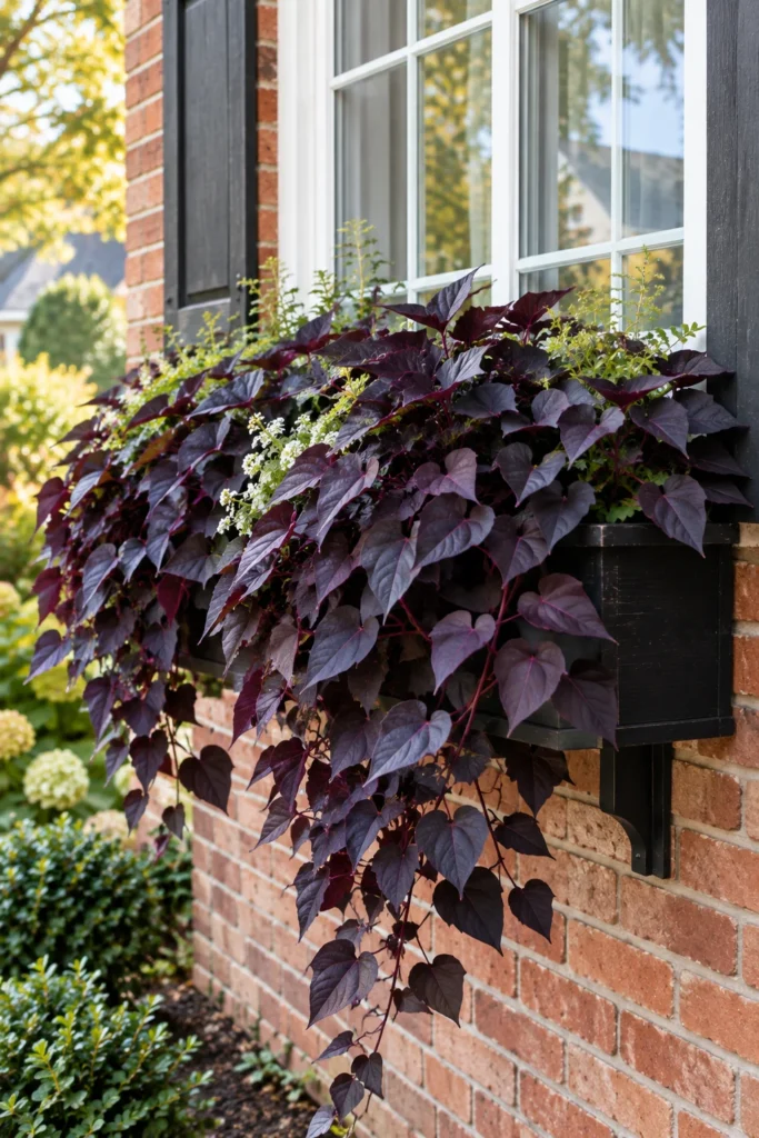 Trailing purple sweet potato vine spilling over a window box
