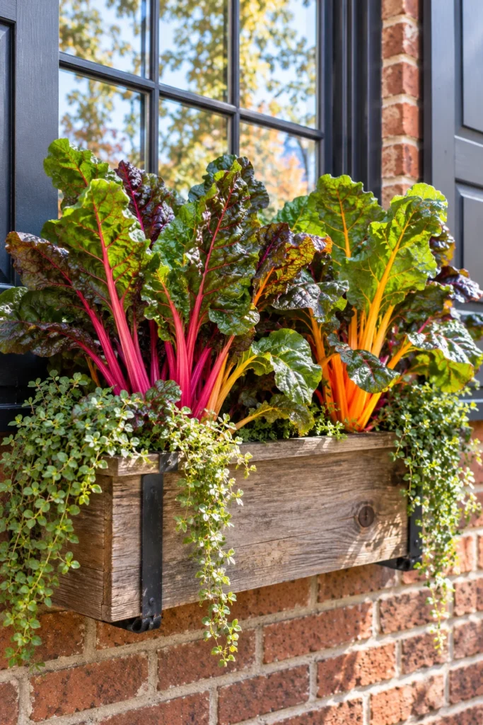 Colorful pink and orange Swiss chard stems in a window box