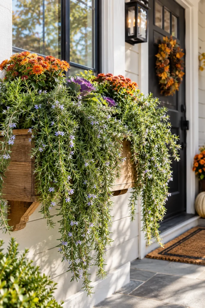 Trailing rosemary cascading from a sunny window box