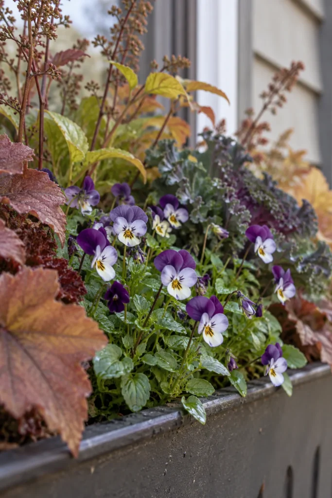 Small purple and white violas mixed into a fall window box