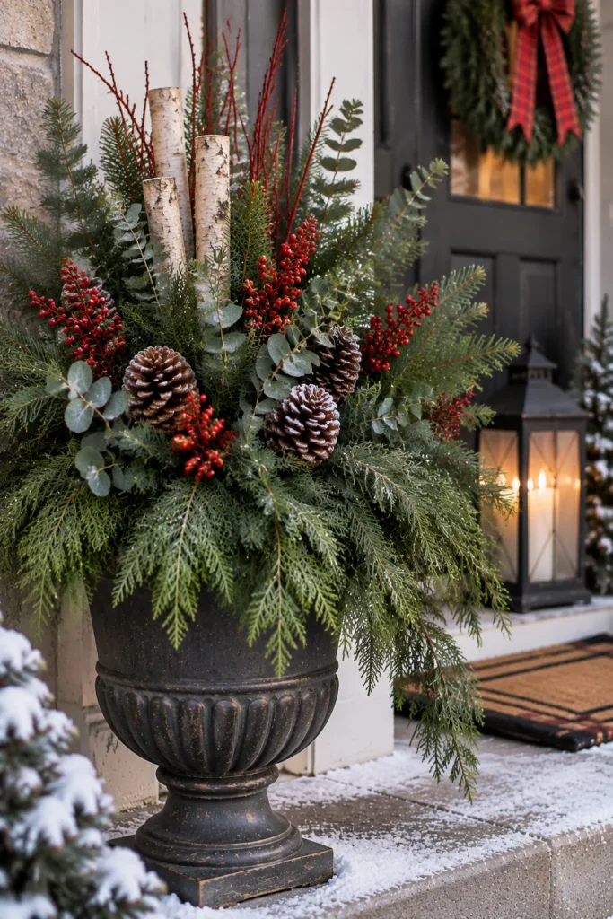Faux evergreen greenery arranged in a low maintenance winter planter