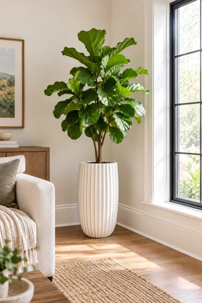 White fluted ceramic floor planter holding a fiddle leaf fig in a bare living room corner