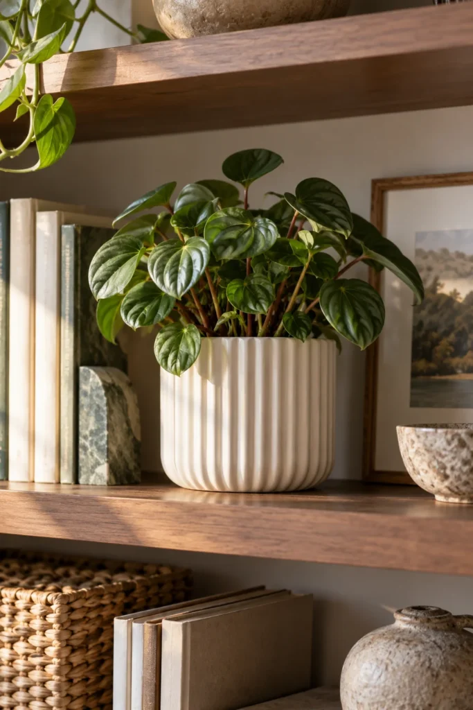 Fluted ribbed pot holding a peperomia on a bookshelf in soft light