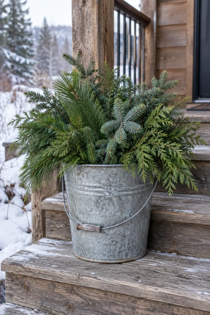 Mixed evergreen branches in a galvanized metal bucket planter