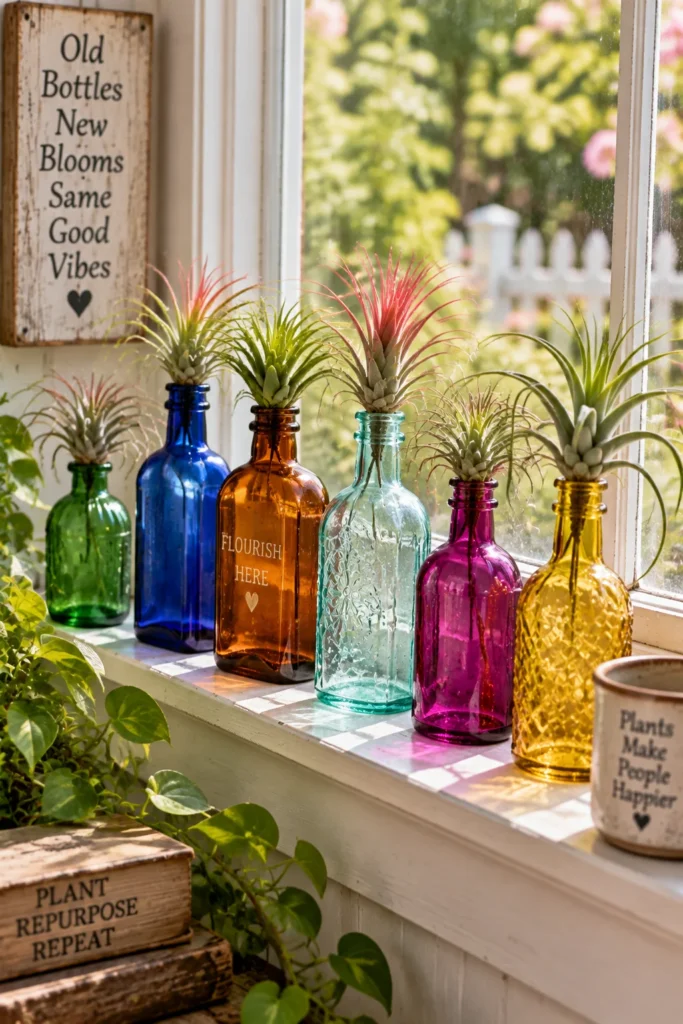 Colored glass bottles holding small air plants