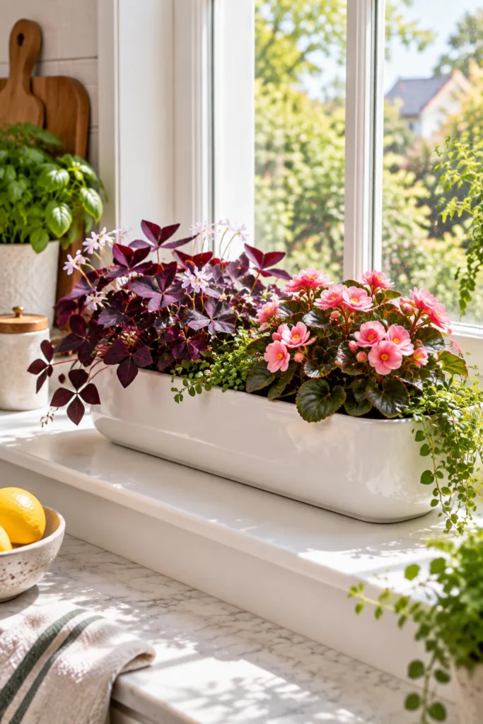 Glazed white ceramic trough with oxalis and dwarf begonias on a white windowsill