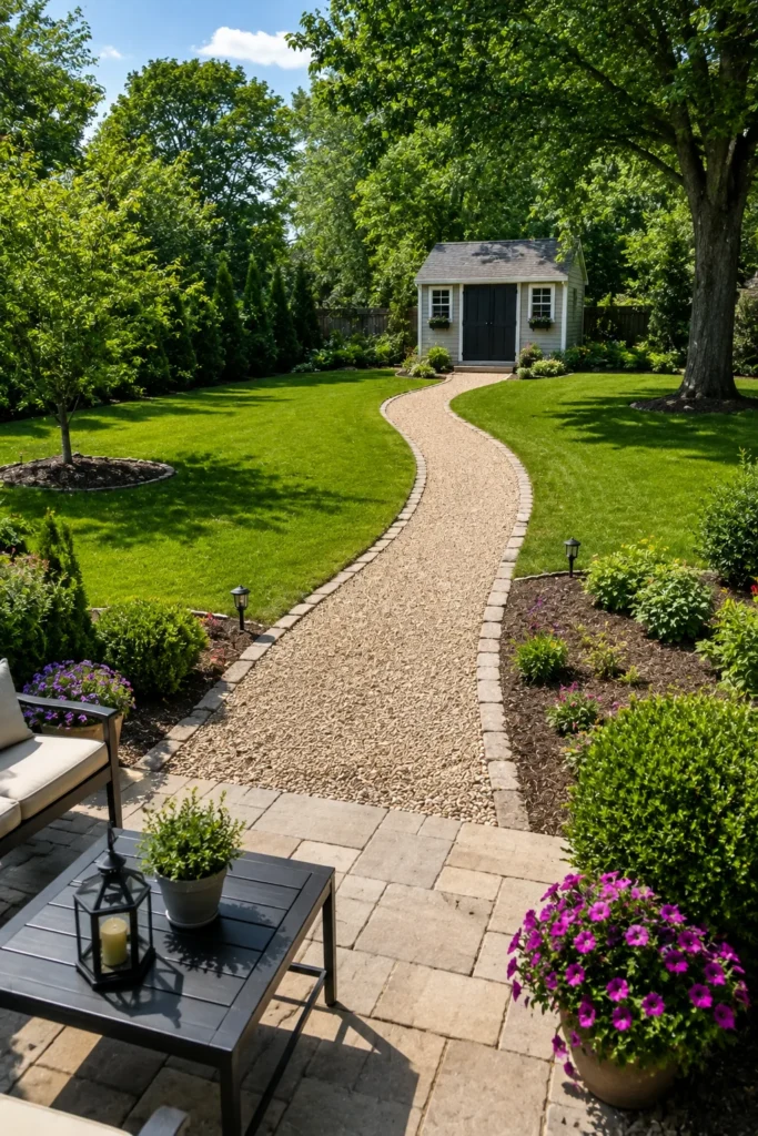 Gravel pathway connecting patio to garden shed in backyard