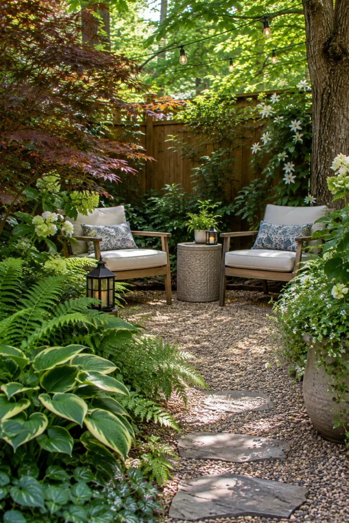 Small gravel seating nook tucked into a shaded backyard corner