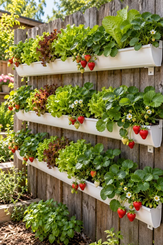 Vinyl gutter sections mounted on a fence as a vertical planter