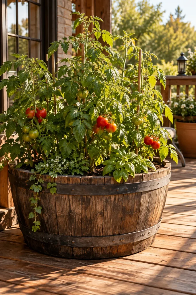 Half wine barrel planter filled with tomato plants on a patio