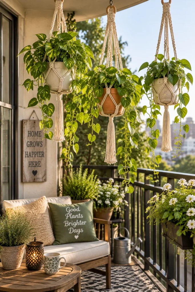 Macrame hanging planters with trailing pothos on a small balcony