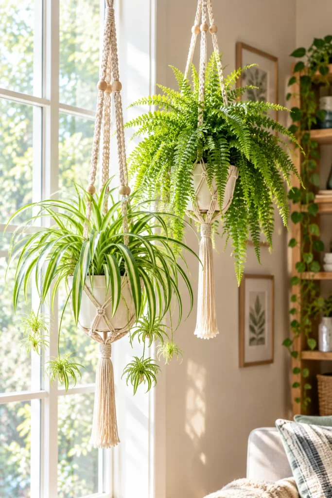 Cream macrame hanging planters with spider plants and a Boston fern in a bright window