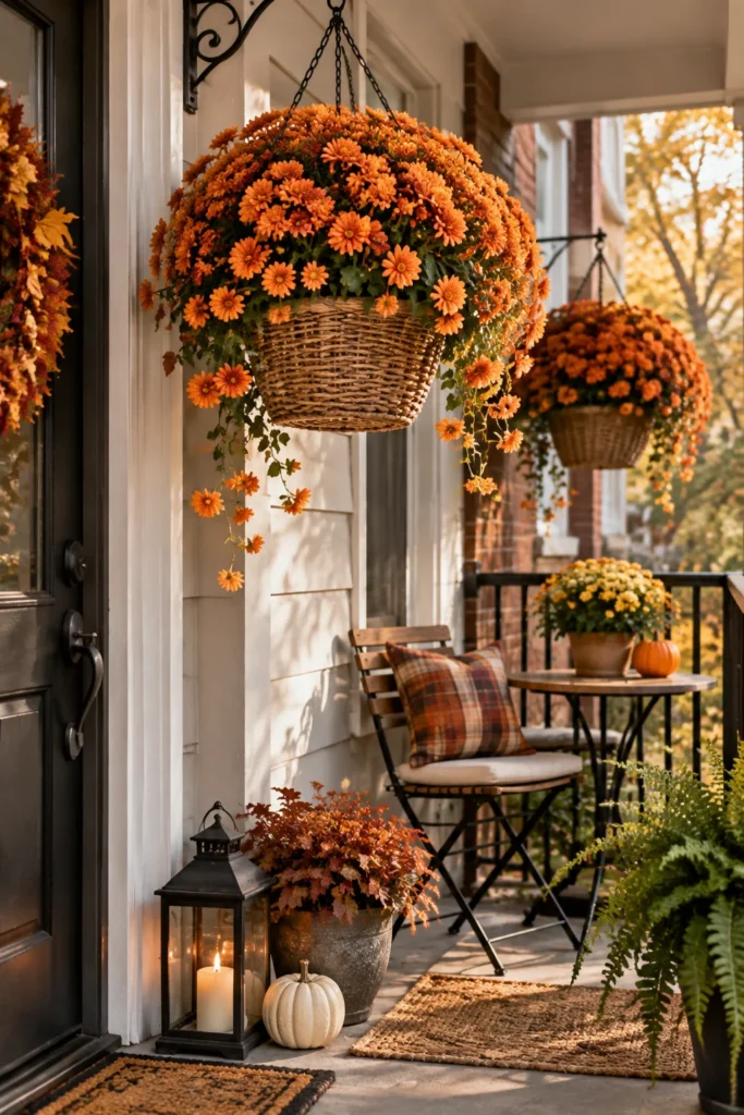 Hanging basket of mums on a small front porch