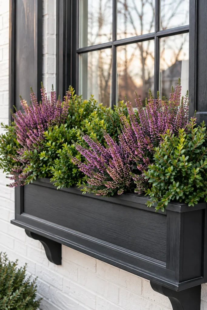Purple heather blooms adding color to a cold-weather window box