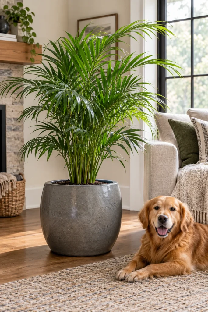 Wide heavy ceramic planter with a parlor palm in a pet-friendly living room