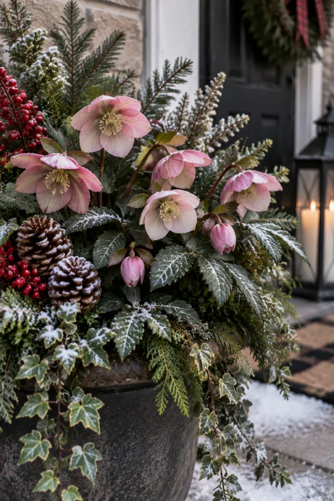 Hellebore Christmas rose blooming in a winter porch planter