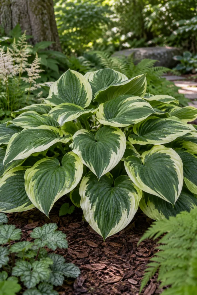 Large hosta plant growing in a full shade landscaping bed