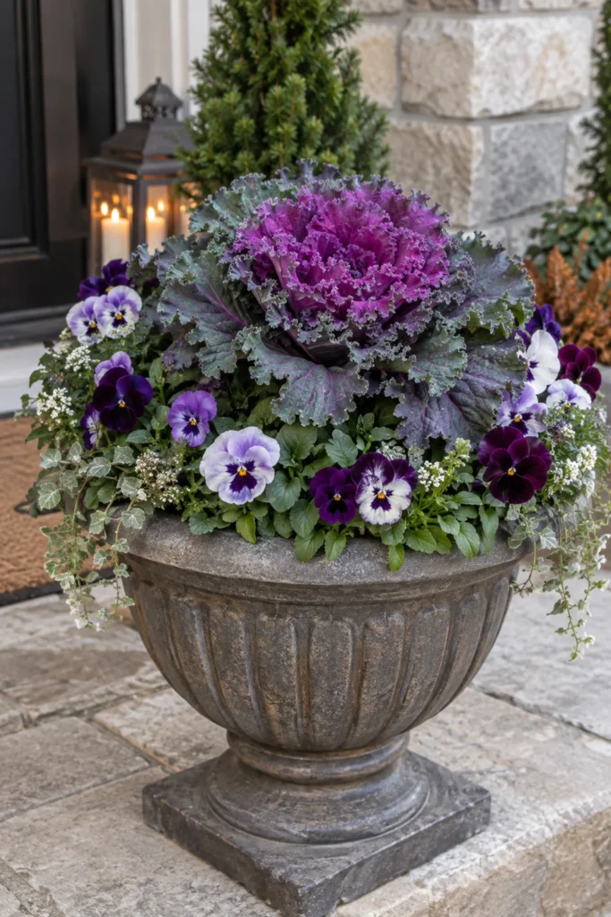 Ornamental kale and cold-hardy pansies in a planter