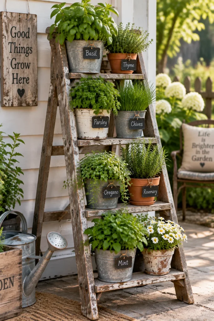 Wooden ladder used as a plant stand for potted herbs