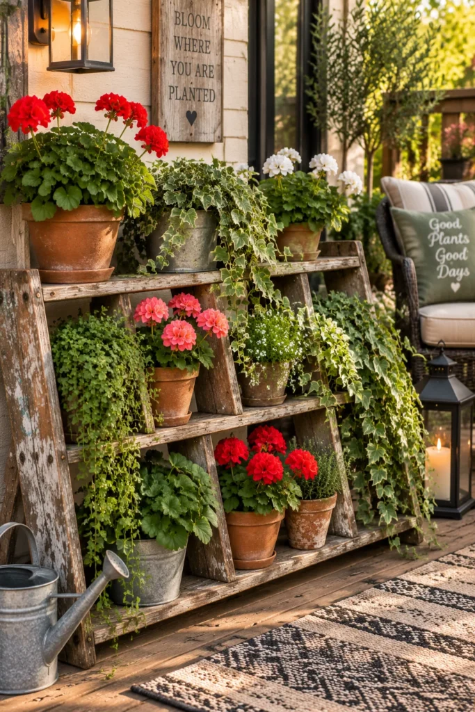 Wooden ladder used as staggered shelving for potted geraniums and ivy