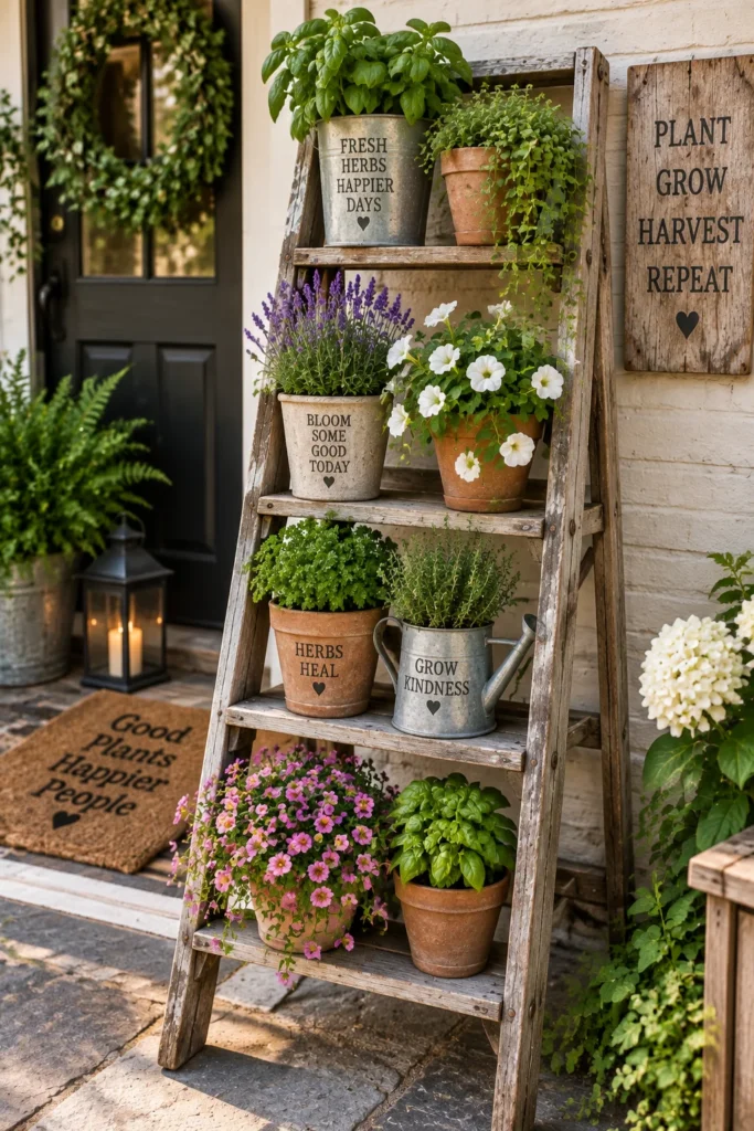 Wooden ladder repurposed as tiered shelving for potted herbs and flowers