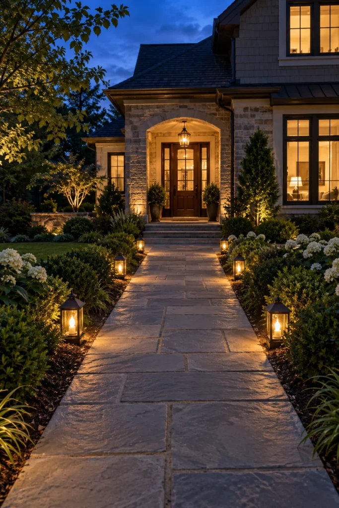 Small lanterns lining a front entry walkway