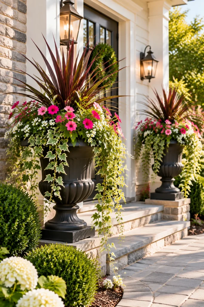 Tall urn planter with layered greenery beside a front walkway