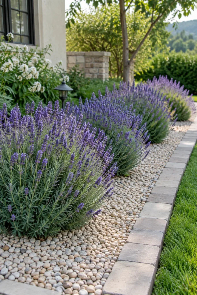 Lavender planted in a pea gravel front yard bed