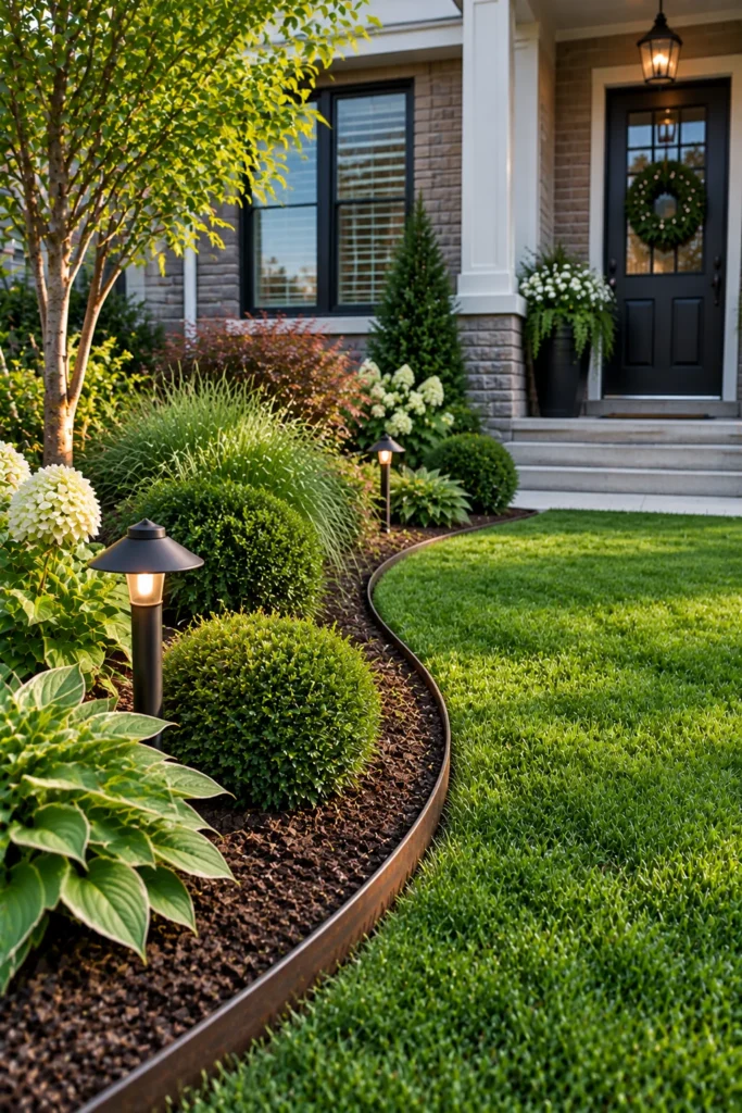 Steel edging separating lawn and garden bed in a small front yard