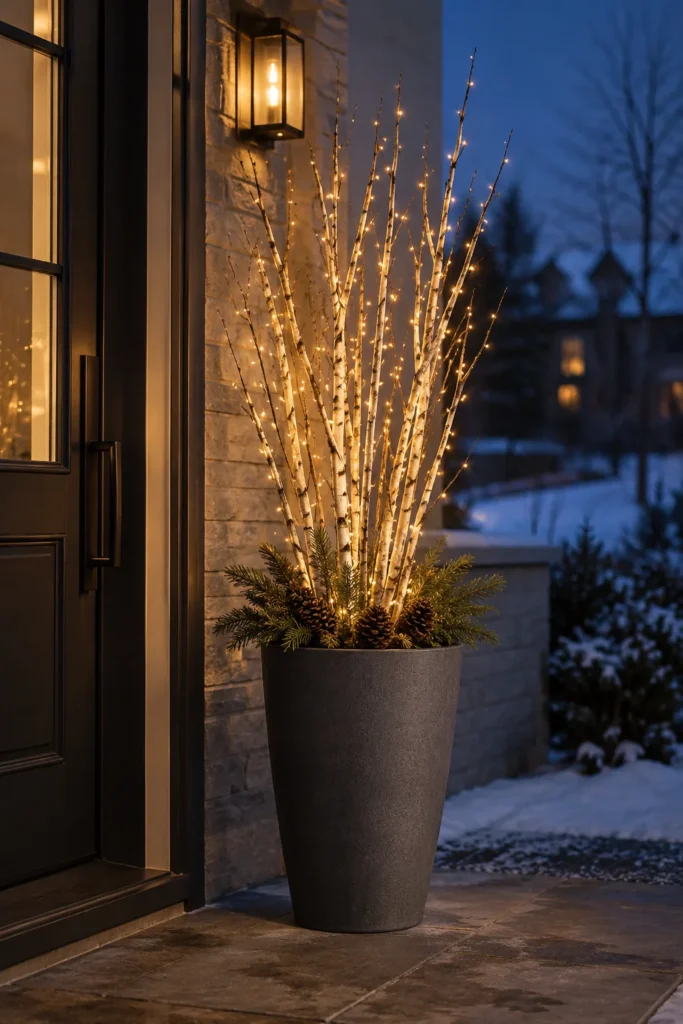 Softly lit branches glowing inside a container at dusk