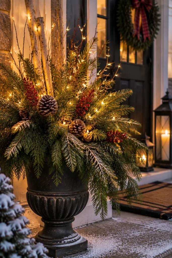 Winter planter with LED lights woven through greenery branches