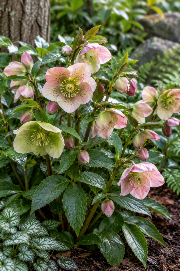 Lenten rose hellebore blooming in early spring shade garden
