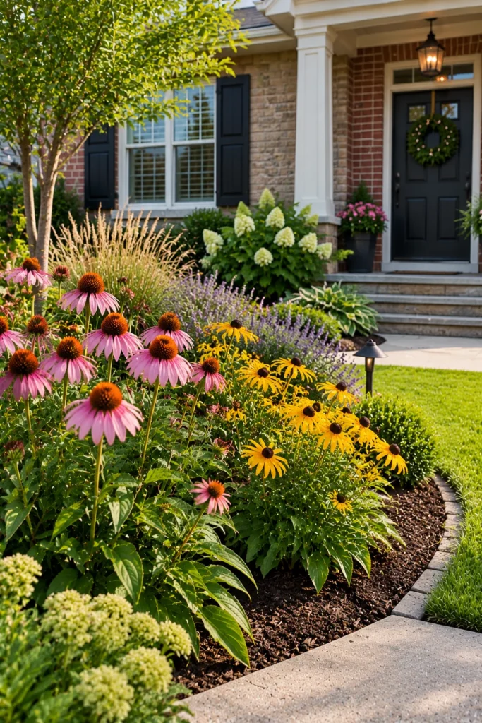 Coneflowers and black eyed susans blooming in a small front yard bed