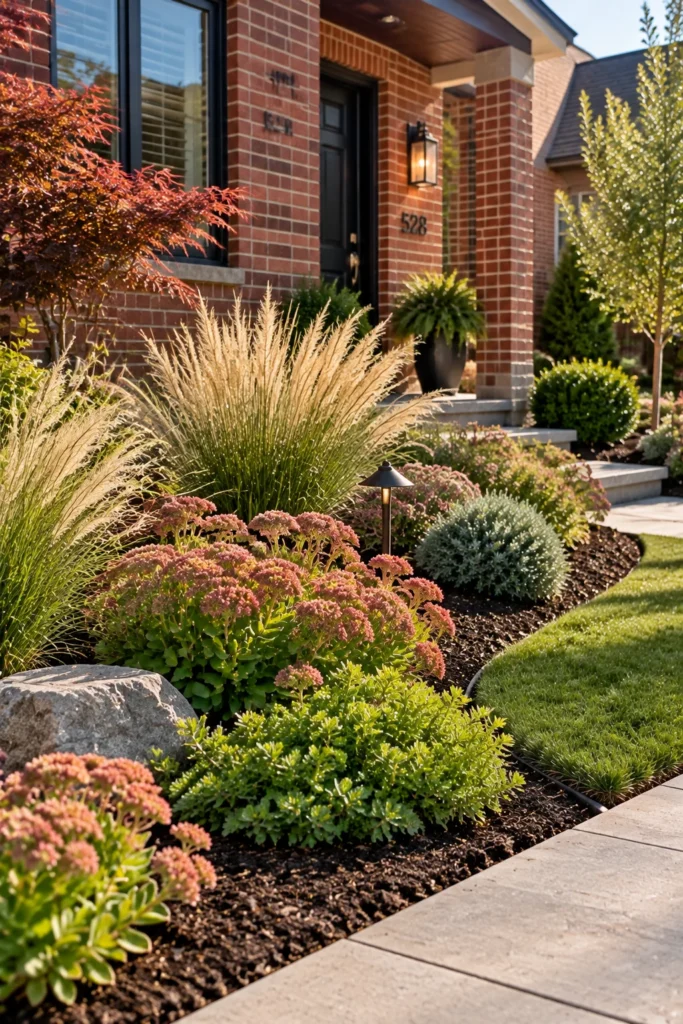 Low maintenance sedum and ornamental grass planted in a small front yard bed