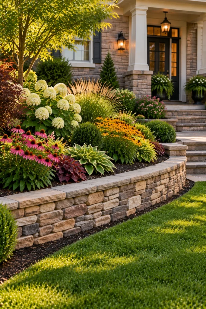 Low stone retaining wall on a sloped front yard