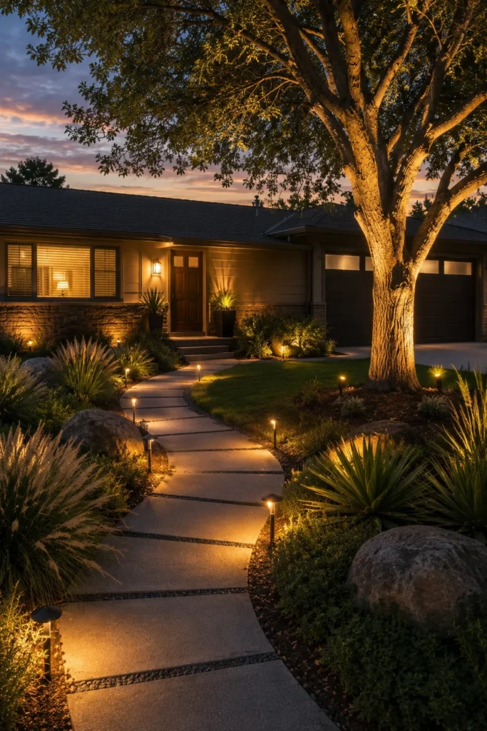 Low voltage landscape lighting along a front walkway at dusk