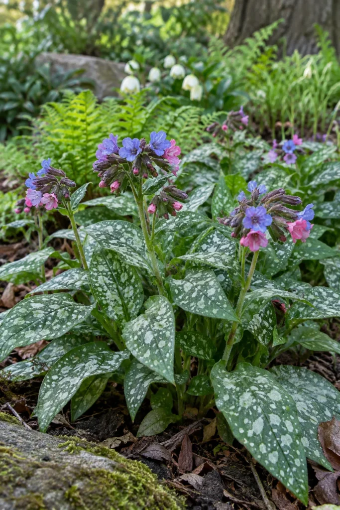 Spotted lungwort pulmonaria leaves with pink and blue flowers in shade