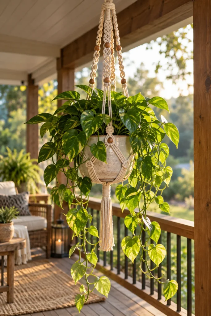 Macrame plant hanger holding a pothos plant on a porch